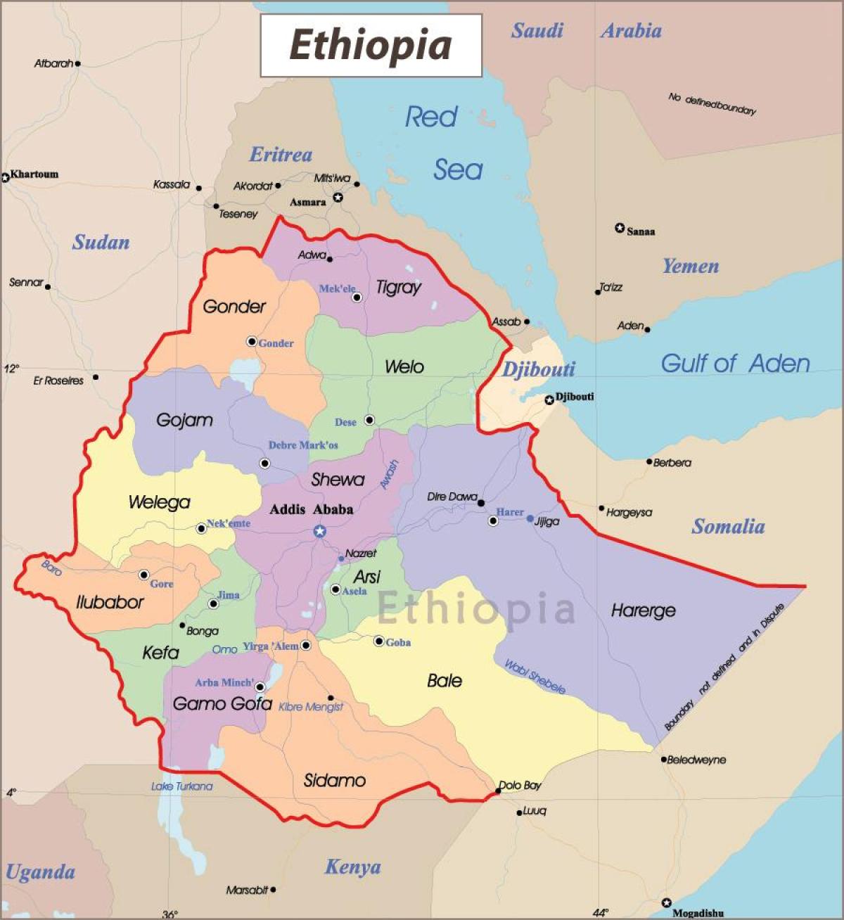 ایتھوپیا کے ساتھ نقشہ شہروں